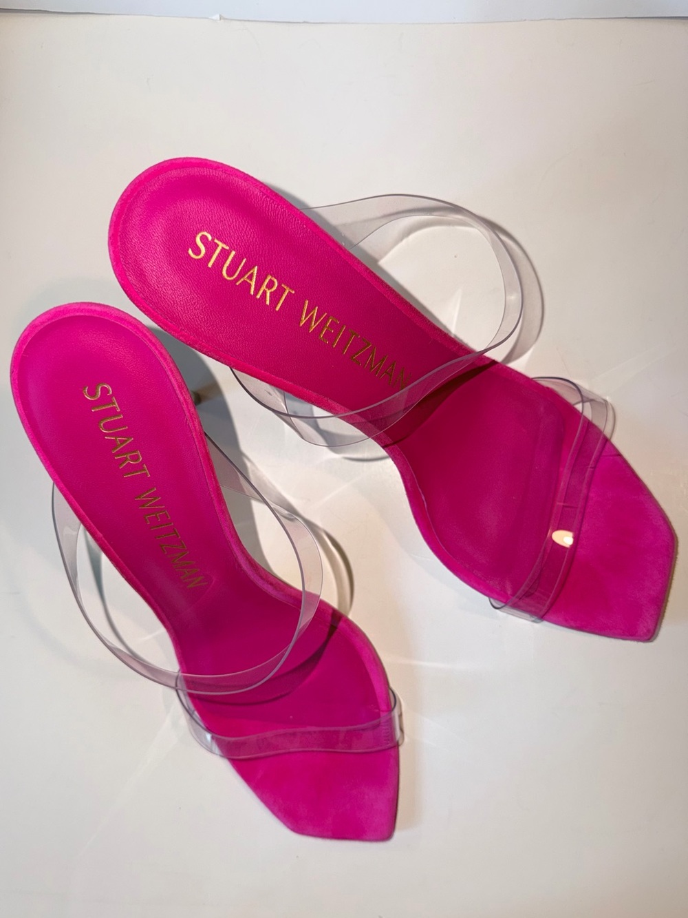 Stuart Weitzman Kristal Clear Fuchsia Slip-on Stiletto Sandal, size 10.5